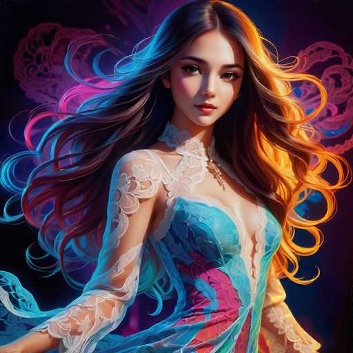 The image depicts a woman with long brown hair wearing a blue dress adorned with white lace sleeves and a necklace featuring a pendant. The background is a dark purple color with a pattern of pink and blue swirls.