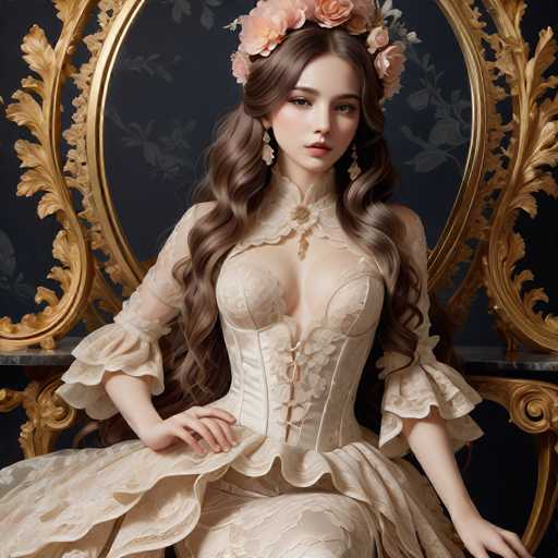 A beautiful young woman is seated on a gold chair with a floral patterned cushion and a gold frame around the top of her head. She is wearing an elegant white dress with lace detailing and a corset that accentuates her figure. The woman has long brown hair styled in loose waves, and she wears a pink flower crown on her head.