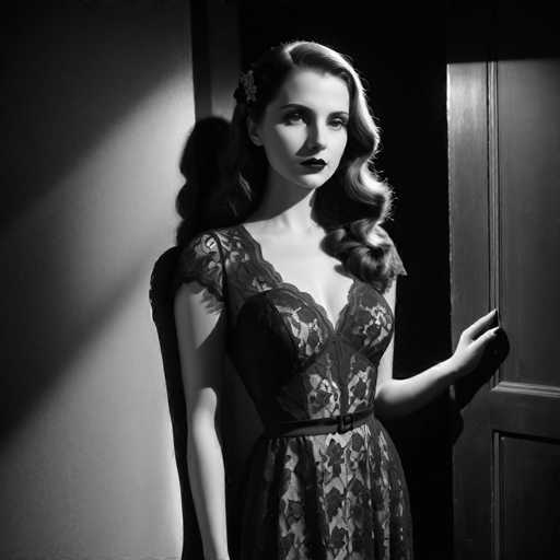 A woman is standing against a wall with her left hand on a door handle and her right hand resting on the doorknob of an old wooden door. She is wearing a black lace dress that falls to her knees, and she has long hair styled in loose curls. The image is in black and white, giving it a vintage feel.