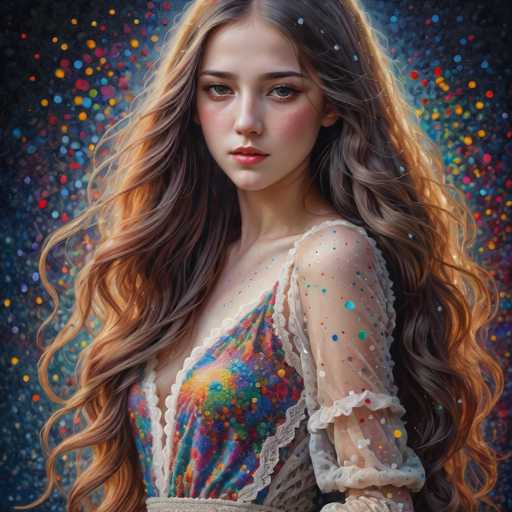 A young woman with long brown hair is the central figure in this digital art piece. She's wearing a dress that features a floral pattern and lace trim, adding an element of elegance to her appearance. The background is a dark blue color, which contrasts nicely with her light-colored hair and dress. Small white dots are scattered throughout the image, creating a sense of depth and dimension.
