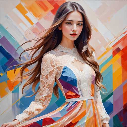 The image depicts a young woman with long brown hair wearing an orange and white dress with lace sleeves and a high neckline. The background is a vibrant display of colors and shapes, including stripes in shades of pink, blue, yellow, green, and purple.