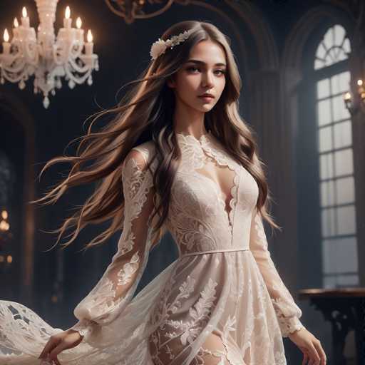A woman with long brown hair is standing in a room filled with chandeliers and ornate decorations. She is wearing a white dress that has lace detailing on the bodice and skirt. The woman's gaze is directed towards the camera, creating an engaging visual connection between her and the viewer.