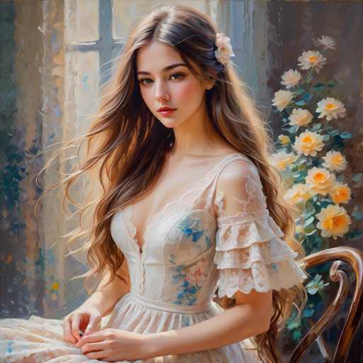 A young woman with long brown hair is seated on a wooden chair, wearing a white dress adorned with blue and pink flowers. The background features a window covered by white curtains that allows soft light to filter into the room, creating an ethereal atmosphere.