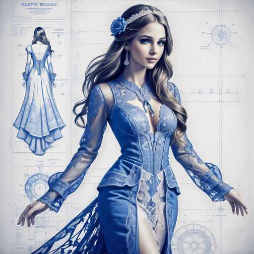 The image shows a woman wearing a blue dress with lace sleeves and a corset. She is standing against a white background that features blue lines and shapes. The woman has long blonde hair styled in loose waves and is wearing a crown on her head.