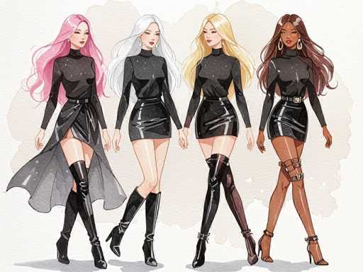 The image features a group of four beautiful women, each wearing black dresses and high heels. They are all walking down the street together, showcasing their elegant attire. The women's outfits consist of long dresses that accentuate their figures, and they are paired with stylish boots to complete their looks. The scene captures a sense of unity and fashion as these women share the same style and pose for the picture.