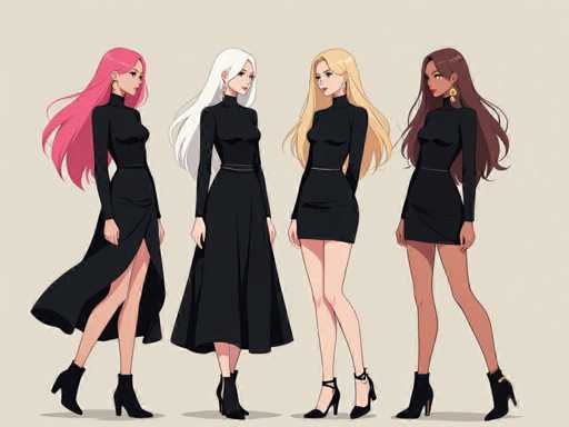 The image features a group of four beautiful women standing next to each other, all dressed in black dresses. They are positioned close together and appear to be posing for the camera or possibly taking part in an event. The women's outfits consist of long dresses that cover their entire bodies, giving them a sophisticated and elegant appearance. Their hair is styled in various ways, adding to the overall stylish look they present as a group.