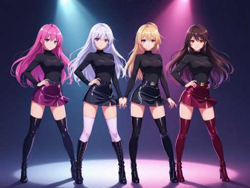 The image features four beautiful women standing side by side, all wearing black outfits and high heels. They are posing for a picture in front of a stage with bright lights illuminating the scene. The girls appear to be identical twins or very similar, which adds an interesting visual effect to the image. Their poses and expressions convey a sense of unity and harmony among them as they share this moment together.