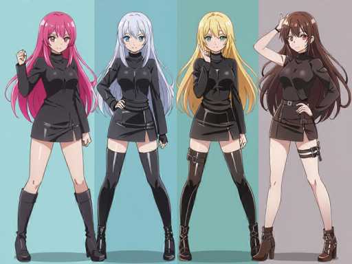 "Four girls in black dresses pose for a picture. They are all wearing knee-high boots and have long hair, giving them an edgy look."