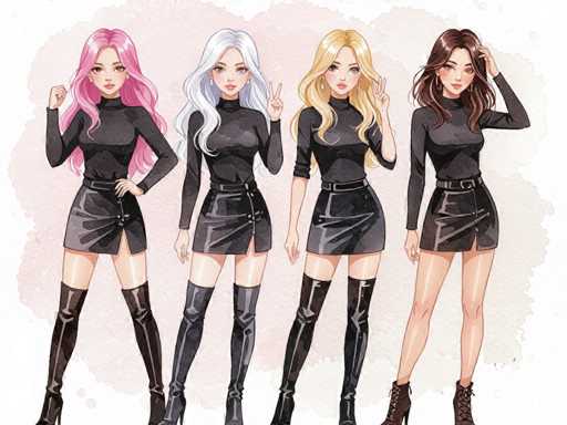 The image features four beautiful women standing side by side, each wearing a black outfit and tall boots. They are all posing for the camera with their hands raised in the air or on their hips, creating an artistic and stylish scene. The girls' outfits consist of long dresses that accentuate their figures, and they appear to be dressed up for a special occasion or event.