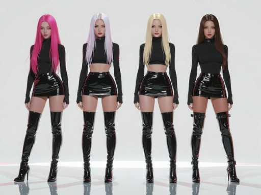 The image features four women standing side by side, all wearing black outfits and tall boots. They are posing for a picture in front of a white background, which emphasizes their stylish appearance. The women appear to be identical twins or part of the same group, as they have similar hairstyles and clothing styles. Their matching attire creates an interesting visual effect that highlights their unity and shared identity.