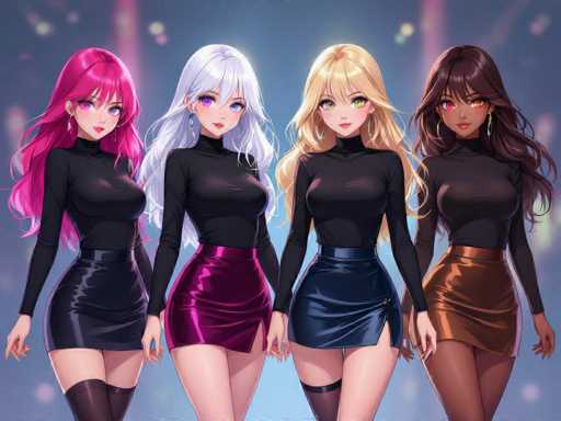 The image features four beautiful women with long hair, each wearing a black dress and high heels. They are standing close together in front of a blue background that has lights shining on it. The girls appear to be posing for the camera or possibly attending an event where they need to look their best. Their stylish outfits and elegant poses make them stand out as the main focus of the image, showcasing their fashionable attire and confidence.