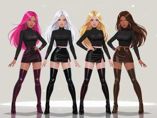 The image features four beautiful women standing side by side, each wearing a black outfit and high heels. They are all posing for the camera with their hands on their hips, giving off an air of confidence and elegance. The women's outfits consist of long dresses that accentuate their figures, and they appear to be dressed up for a special occasion or event.