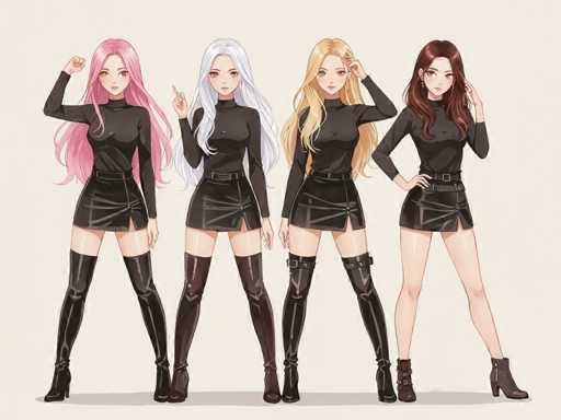 The image features four beautiful women standing side by side, each wearing a black outfit and tall boots. They are all posing for the camera with their hands on their hips or slightly bent knees, giving off an elegant and stylish vibe. The girls appear to be in a line, showcasing unity and harmony among them.