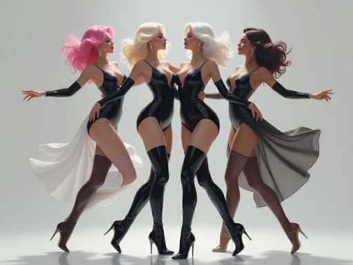 The image features four beautiful women dressed in black outfits and high heels, posing together for a group photo. They are all standing on the same side of the frame, creating an interesting composition that showcases their unity as a group. The women's poses suggest they might be dancers or models, given their attire and stance.