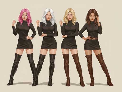 The image features four beautiful women standing next to each other, all dressed in black dresses and boots. They are posing for a picture with their arms crossed over their chests, giving off an elegant and stylish vibe. The women vary slightly in height and pose, adding diversity to the scene.