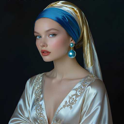 A woman is captured wearing a blue and gold headscarf with a gold earring on her left ear. She has blonde hair styled in loose waves and is dressed in a white dress with gold embroidery. The background is black, which contrasts with the woman's attire and accentuates her features.