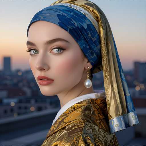 The image shows a young woman with striking blue eyes and long brown hair wearing a gold and blue headscarf that is tied at the back of her neck. She has a white dress on underneath the headscarf, which contrasts beautifully against the warm tones of the scarf. The background features a cityscape under a clear sky, providing an urban setting for this portrait.