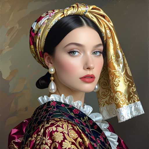 A woman with long dark hair is the central figure in this image. She is wearing a gold headband and a red dress adorned with white flowers. The background features a blurred green color that contrasts with her attire.