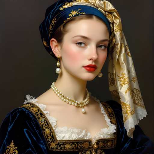 The image depicts a young woman wearing a blue and gold dress with white lace sleeves and a matching headpiece featuring a large turban adorned with gold embroidery. The woman is also wearing a pearl necklace and earrings that complement her attire.