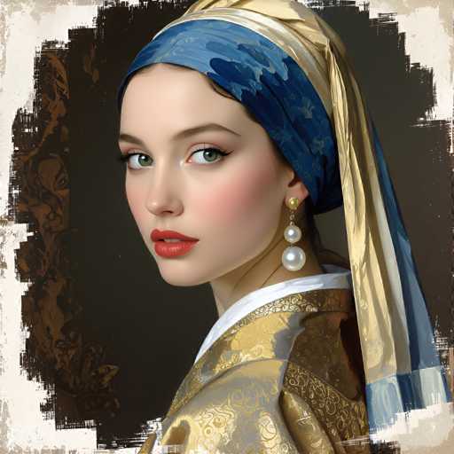 The image depicts a woman wearing a blue and gold headpiece with a pearl on it, dressed in a gold robe that is slightly wrinkled. She has blonde hair styled in loose waves and is looking directly at the camera. The background features a dark brown color with white brushstrokes, giving the impression of an old or vintage style.