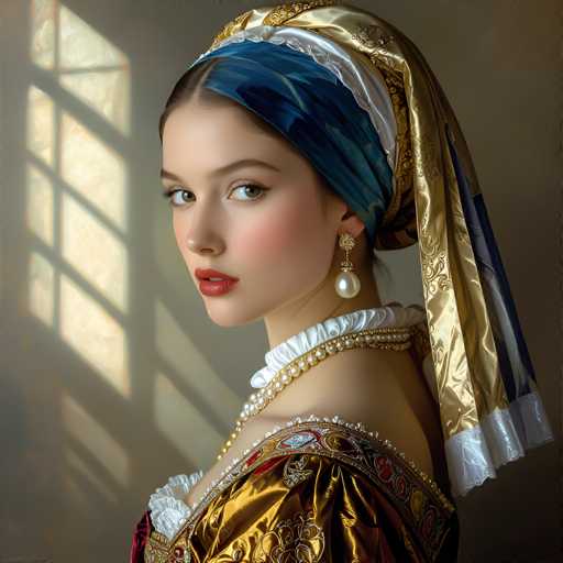 A woman is captured in a portrait-style image against a beige background with a window and a gold curtain. She wears a blue headband adorned with white flowers and a gold necklace featuring a large pearl pendant. The woman's gaze is directed off to the side, suggesting she may be lost in thought or observing something outside the frame.
The style of the image appears to be from the Renaissance period, characterized by its attention to detail and use of light and shadow to create depth and realism.