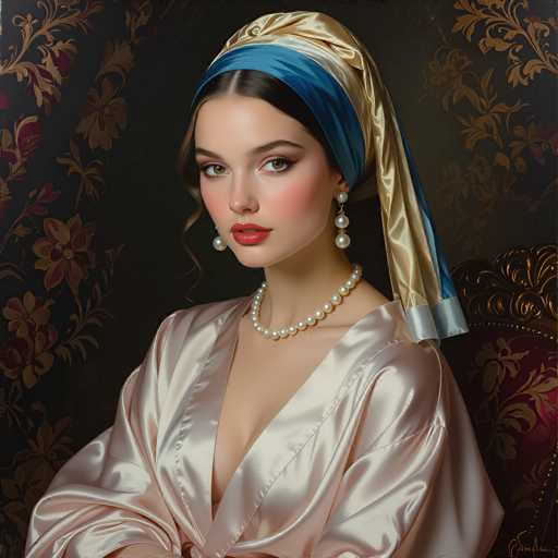 The image depicts a woman wearing a blue and gold headpiece with a pearl on it, sitting in front of a floral patterned background. She is dressed in a pink robe or gown that contrasts with the dark background. The woman's face is turned towards the camera, creating an engaging portrait-like quality to the scene.