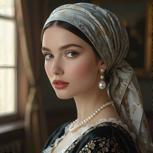 A woman with long brown hair is wearing a white headscarf and a black dress adorned with gold embroidery. She has her hair styled in an elegant updo and is wearing pearl earrings that match the color of her headscarf. The background features a window, suggesting that she might be indoors or near a building.