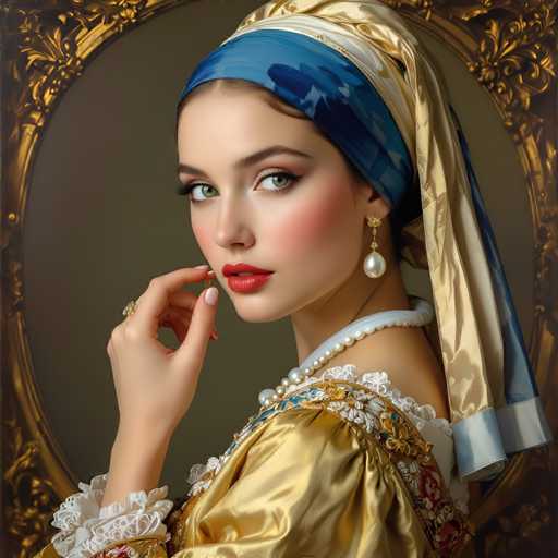 A woman with striking blue and gold headpiece is captured in a portrait setting against a rich brown background adorned with gold accents. The woman's face is the focal point of the image, with her eyes looking directly at the camera. She wears a white dress that contrasts beautifully with the gold frame surrounding it. A pearl necklace adds an elegant touch to her attire.