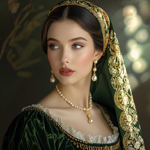 A woman with long dark hair is the central figure in this image. She is wearing a green dress and a gold headpiece that includes a large pearl earring on her left ear. The background features a blurred green color, which contrasts with the woman's attire and accentuates her presence.