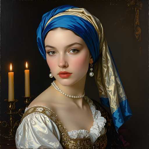 The image depicts a woman wearing a blue and gold headscarf with a pearl necklace and earrings. She is positioned against a dark background, which contrasts with her attire. The woman's gaze is directed towards the camera, creating an engaging portrait.