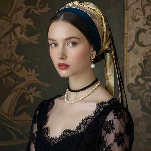 The image shows a woman wearing a black lace dress and a gold headband with a blue scarf draped over it. She is looking directly at the camera with a serious expression on her face. The background features a dark green floral patterned wall that complements the woman's attire, creating an overall elegant and sophisticated atmosphere.