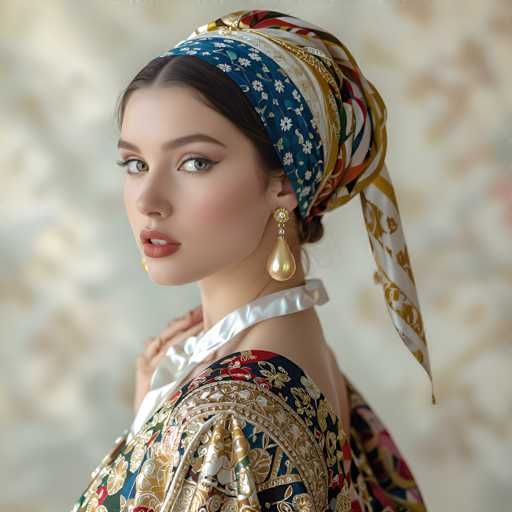 A woman with long brown hair is wearing a blue and white scarf on her head and a gold necklace around her neck. She has a serious expression on her face as she gazes off to the side. The background features a blurred image of a wall or curtain that provides context for the setting, but it does not appear to be significant to the main subject.