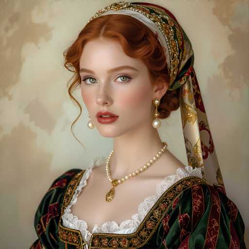 A woman with red hair and a green dress is the central figure in this image. She has her hair styled in an elegant updo and wears a gold necklace and earrings that complement her attire. The background features a beige color scheme with white and red accents, creating a vintage or historical atmosphere.