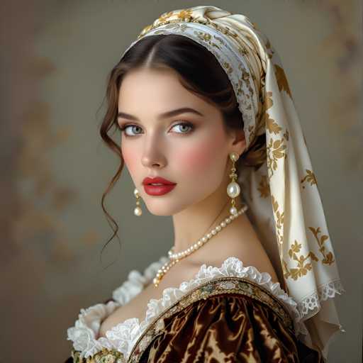 A woman with long brown hair is wearing a white headband and earrings, dressed in a brown dress with lace sleeves and a gold brocade collar. She has red lipstick on her lips and a pearl necklace around her neck. The background features a greenish-blue color scheme with white flowers scattered throughout the image.