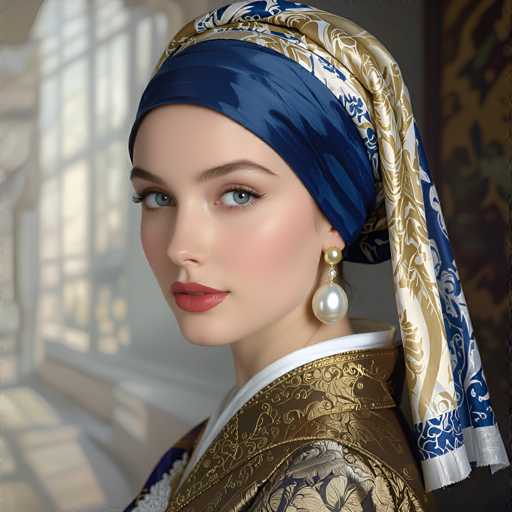 The image shows a woman wearing traditional clothing and a blue and gold headscarf with a pearl earring. The background is blurred, but it appears to be a room with a window that allows natural light to enter the space.
