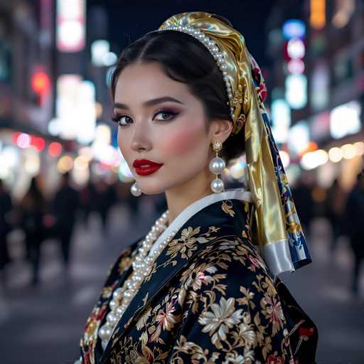 A woman is standing on a street at night wearing a black and gold kimono with white flowers and a gold headband. She has her hair styled in an elegant updo and is wearing pearl earrings and a gold necklace. The background shows the city lights from the buildings, creating a contrast between the dark clothing of the woman and the bright lights around her.