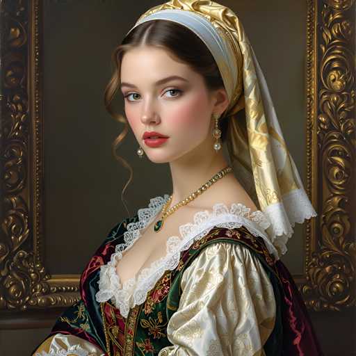 A woman is captured in a portrait against a dark green background with gold accents. She wears a white headband and a red scarf that matches the color of her hair. The woman's face is lit up by a warm yellow light, highlighting her features. A gold frame surrounds her, adding an air of elegance to the scene.