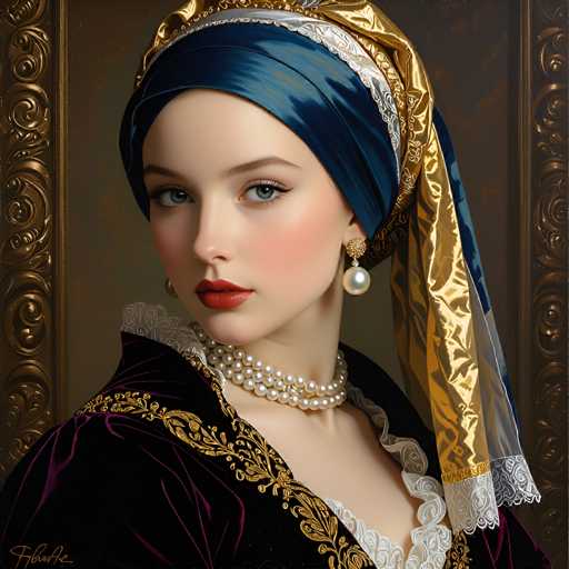 The image depicts a woman wearing a blue headscarf and gold earrings with a pearl necklace. She is dressed in a purple robe with gold embroidery on the sleeves and a white lace collar. The background features a gold frame with intricate designs.