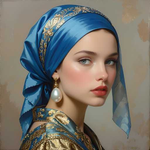 The image depicts a woman wearing a blue headscarf and gold earrings with a pearl on her left ear. The background is a light beige color that contrasts with the woman's attire.