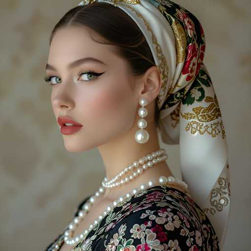 A woman with long brown hair is the main subject of this image. She is wearing a white headscarf adorned with gold and red designs that adds an elegant touch to her appearance. The woman's face features a striking contrast between light and dark shades, creating depth in the image. Her eyes are looking directly at the camera, engaging the viewer with her gaze. The background of the image is a plain beige wall, which further accentuates the woman as the focal point of the photograph.