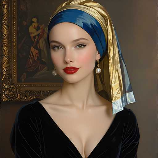 A woman is captured in a portrait-style image against a dark background with gold accents. She wears a black dress and a blue headscarf that matches the color of her eyes. The woman's face features red lips and green eyes, adding to the overall dramatic effect of the image.