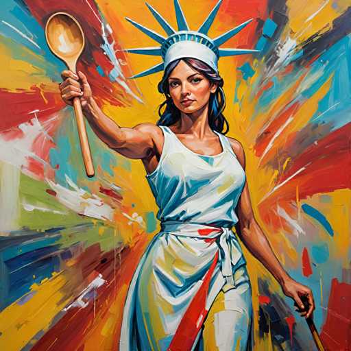 The image depicts an illustration of a woman wearing a white dress and a crown on her head, holding a wooden spoon. The background is a vibrant mix of colors with splashes of red, yellow, blue, green, and orange.