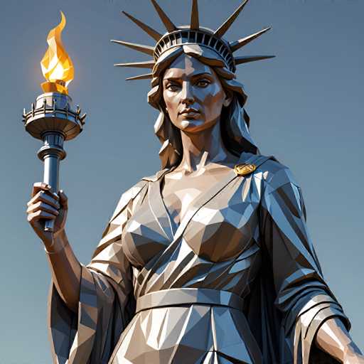 The image shows a statue of a woman holding a torch and shield, standing against a clear blue sky. The statue is made of metal and appears to be a 3D rendering or digital art piece.