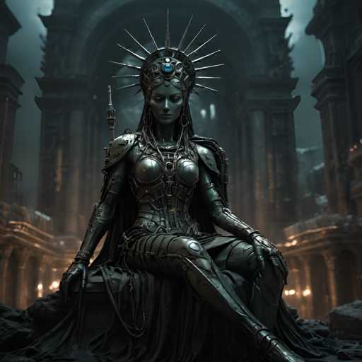 The image depicts a statue of a woman seated on a throne with her legs crossed and holding a sword in one hand while wearing a crown on her head. The statue is made from metal and is positioned centrally within the frame. The background features an archway leading to another room, suggesting that this scene takes place in a grand hall or palace.