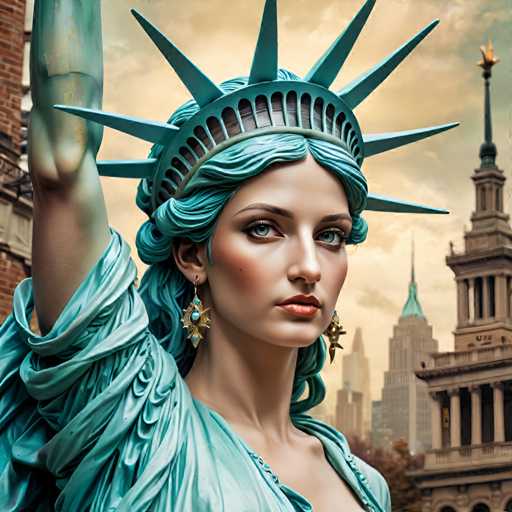 The image shows a statue of a woman with blue hair and a crown on her head, standing against the backdrop of a city skyline. The statue is positioned centrally in the frame, with the buildings flanking it on both sides.
