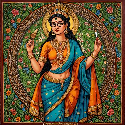 The image depicts a female deity with long black hair and an orange sari adorned with gold jewelry. She is holding a book in her right hand and a brush in her left hand. The background features a circular pattern of flowers and leaves, creating a vibrant and colorful scene.