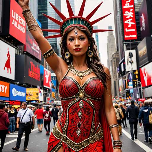A woman dressed as the Statue of Liberty is standing on a busy street corner in New York City. She is wearing a red and gold costume with a crown on her head and has painted red lips. The background includes tall buildings and various advertisements for stores like "Lebo", "Alpino", and "Dover".