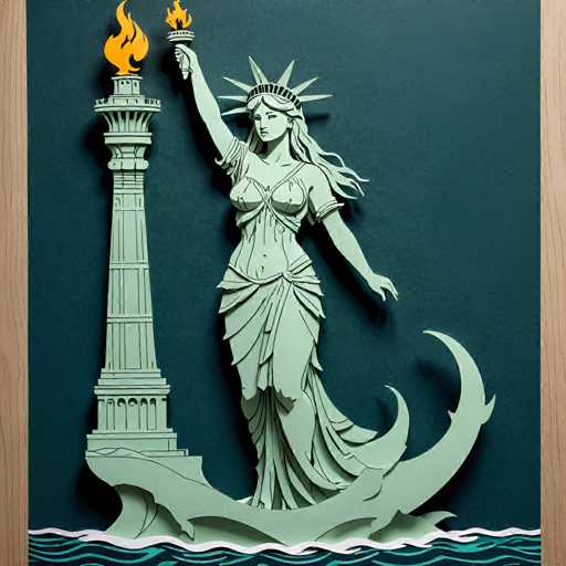 The image depicts a paper cutout of the Statue of Liberty standing on a ship with her outstretched arm and holding a torch. The statue is positioned centrally against a dark blue background, creating a striking contrast that highlights its details.