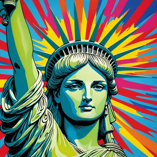The image features a statue of a woman with her hand raised high and a crown on her head. The statue is rendered in a vibrant color palette that includes shades of green, blue, yellow, pink, orange, and red. The background of the image is a gradient of colors, transitioning from blue at the top to orange at the bottom.