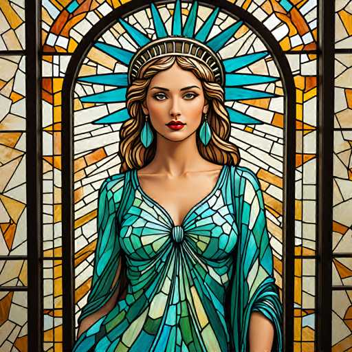 The image depicts a woman wearing a blue dress with a green and yellow patterned design on the skirt. She is standing against a backdrop of a stained glass window featuring an archway and a sunburst design in shades of orange and yellow. The woman's face is turned towards the camera, creating a sense of connection between her and the viewer.